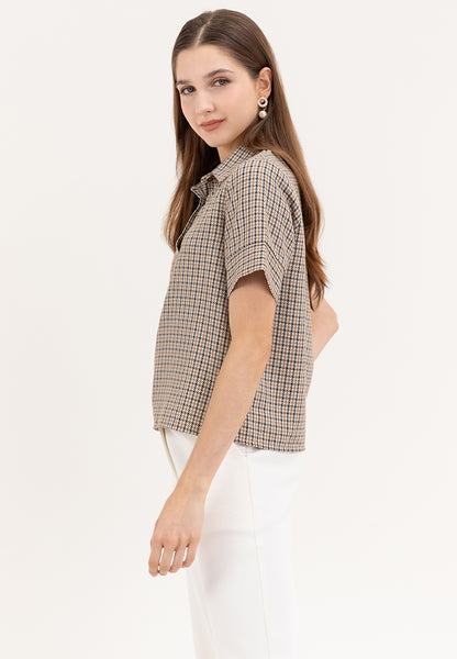 Krizia Houndstooth Checkered Plaid Collared Blouse Top