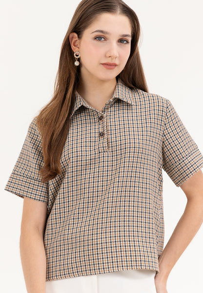 Krizia Houndstooth Checkered Plaid Collared Blouse Top