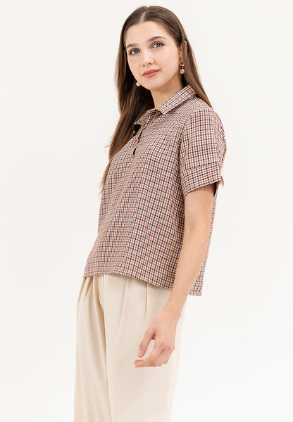 Krizia Houndstooth Checkered Plaid Collared Blouse Top