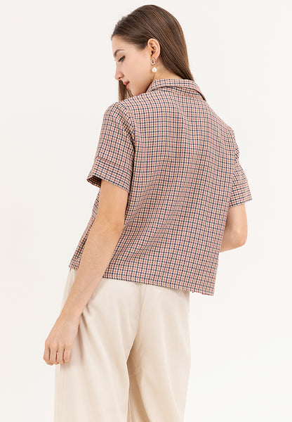 Krizia Houndstooth Checkered Plaid Collared Blouse Top