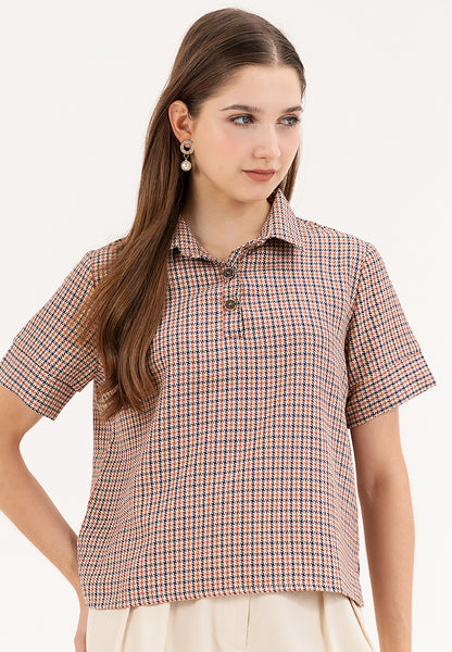 Krizia Houndstooth Checkered Plaid Collared Blouse Top