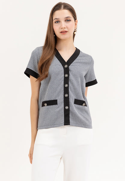 Krizia Button Down Plaid Tweed Blouse Top