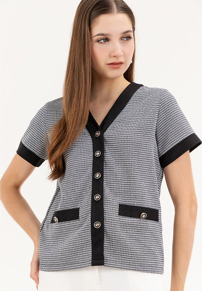 Krizia Button Down Checkered Plaid Tweed Blouse Top