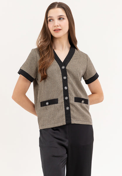 Krizia Button Down Checkered Plaid Tweed Blouse Top