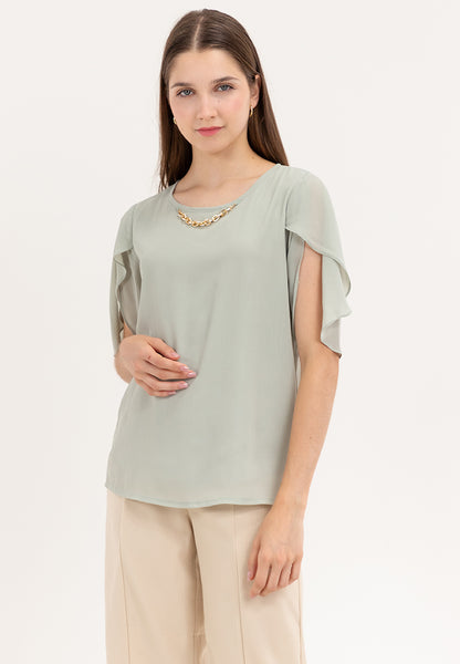 Krizia Overlap Sleeve Flowy Blouse With Necklace