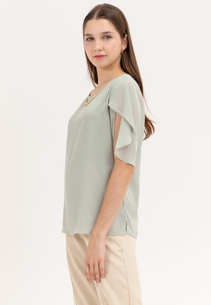 Krizia Overlap Sleeve Flowy Blouse With Necklace