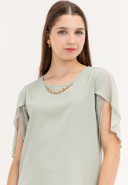 Krizia Overlap Sleeve Flowy Blouse With Necklace