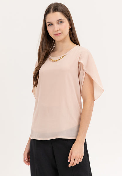 Krizia Overlap Sleeve Flowy Blouse With Necklace