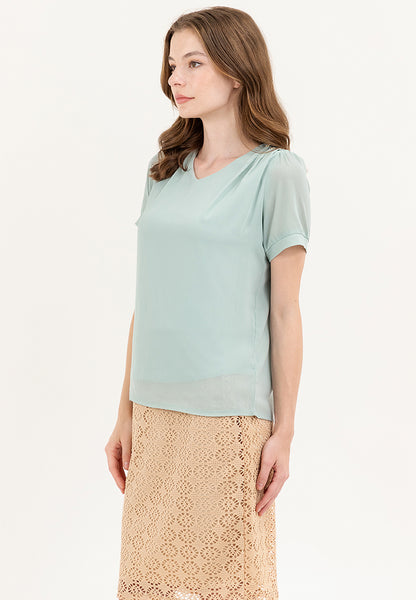 Krizia V-neck Cotton Crumpled Blouse Top With Gold Buttons