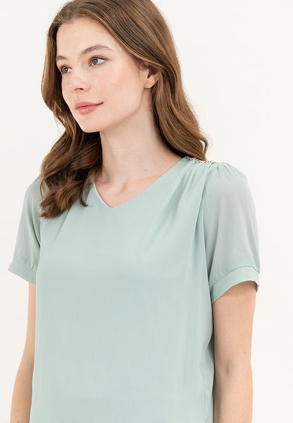 Krizia V-neck Cotton Crumpled Blouse Top With Gold Buttons