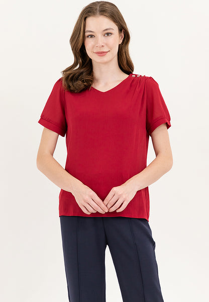 Krizia V-neck Cotton Crumpled Blouse Top With Gold Buttons