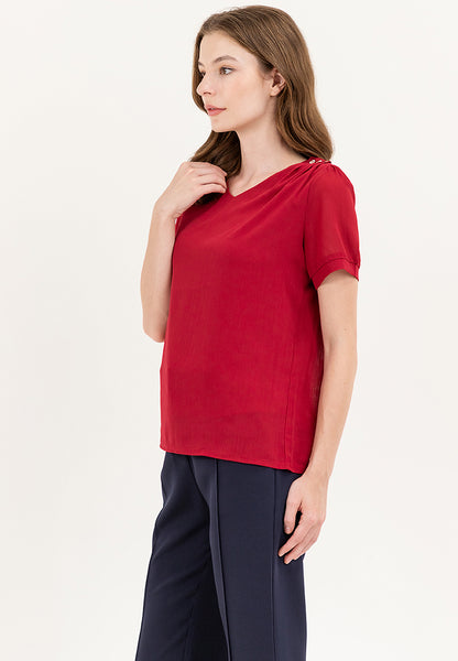 Krizia V-neck Cotton Crumpled Blouse Top With Gold Buttons