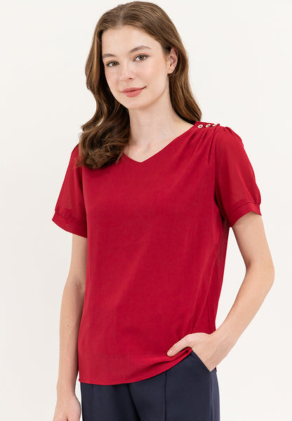 Krizia V-neck Cotton Crumpled Blouse Top With Gold Buttons