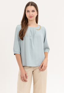Krizia Front Pleats 3/4 Long Sleeve Blouse With Necklace