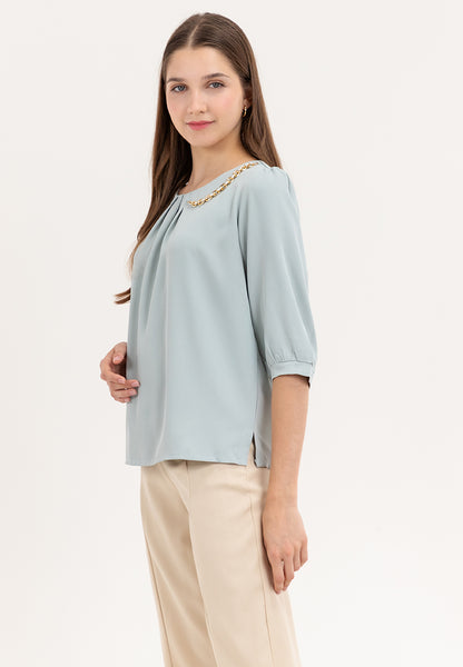 Krizia Front Pleats 3/4 Long Sleeve Blouse With Necklace