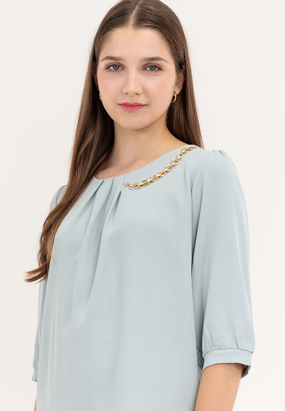 Krizia Front Pleats 3/4 Long Sleeve Blouse With Necklace