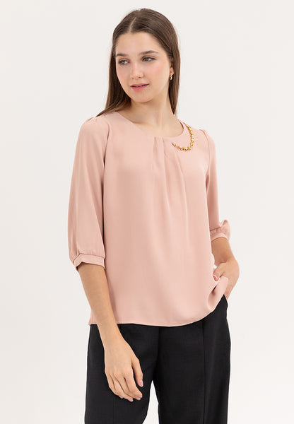 Krizia Front Pleats 3/4 Long Sleeve Blouse With Necklace