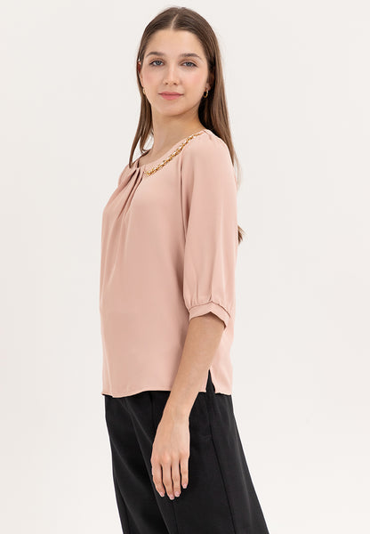 Krizia Front Pleats 3/4 Long Sleeve Blouse With Necklace