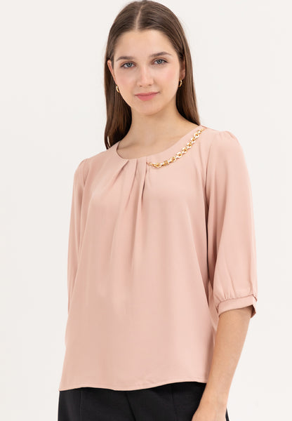 Krizia Front Pleats 3/4 Long Sleeve Blouse With Necklace