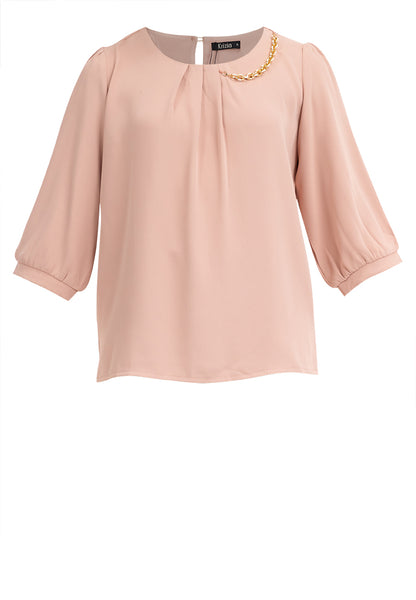 Krizia Front Pleats 3/4 Long Sleeve Blouse With Necklace