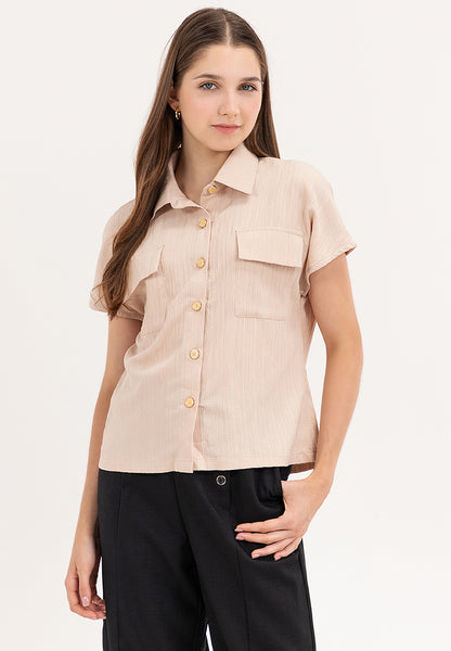 Krizia Crumpled Cotton Button Down Collared Blouse