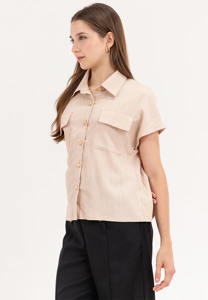 Krizia Crumpled Cotton Button Down Collared Blouse