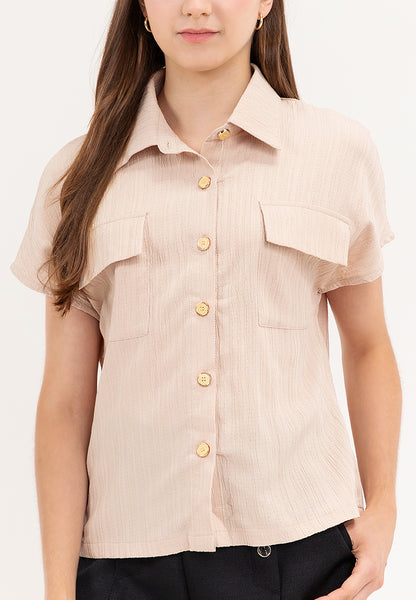 Krizia Crumpled Cotton Button Down Collared Blouse