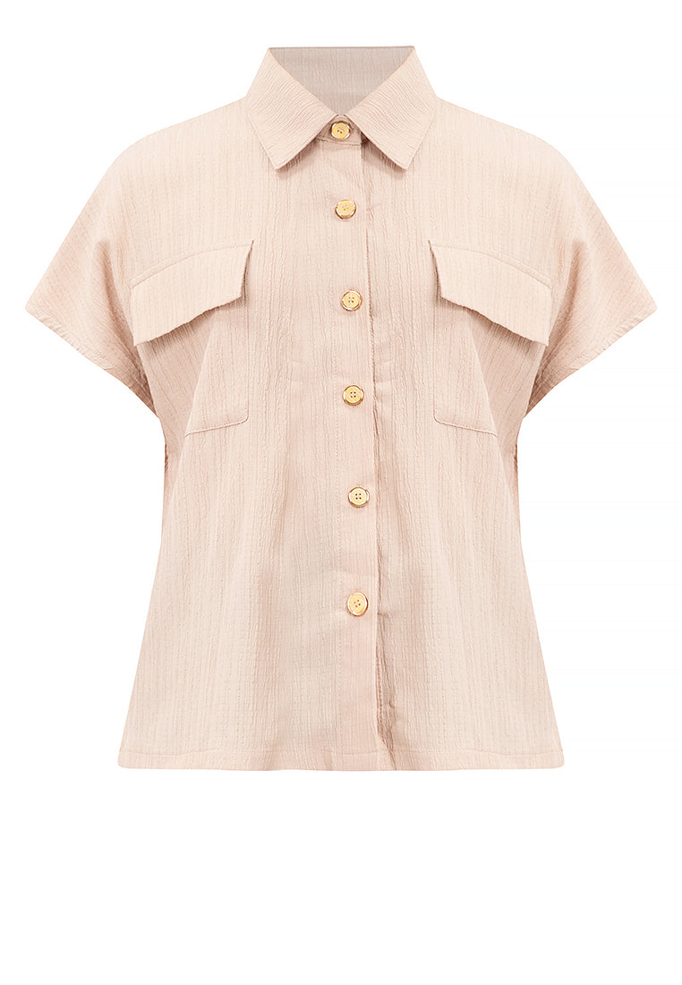 Krizia Crumpled Cotton Button Down Collared Blouse