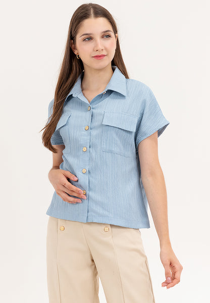 Krizia Crumpled Cotton Button Down Collared Blouse