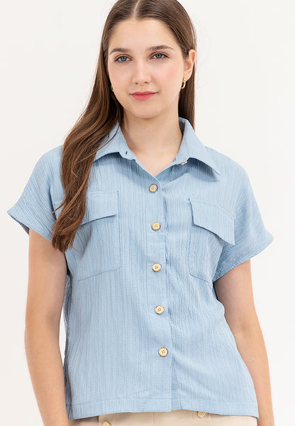 Krizia Crumpled Cotton Button Down Collared Blouse