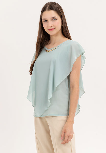 Krizia Flowy Overlay Blouse With Necklace Korean Top