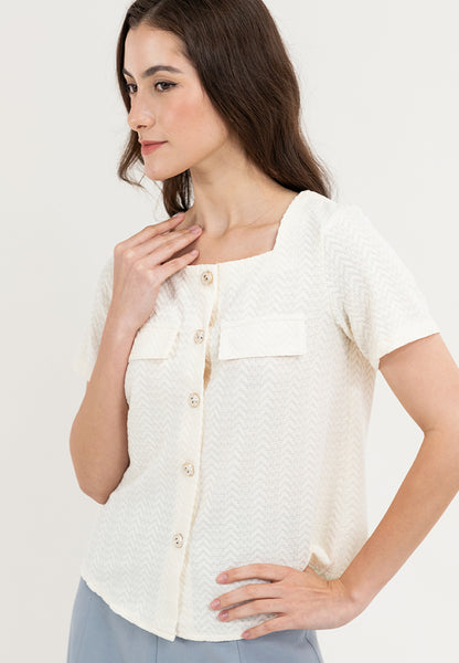 Krizia Square Neck Button Down with Double Pocket Detail Blouse Top