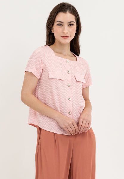 Krizia Square Neck Button Down with Double Pocket Detail Blouse Top