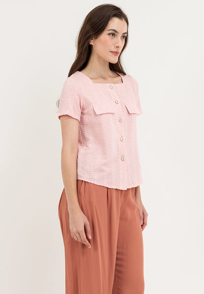 Krizia Square Neck Button Down with Double Pocket Detail Blouse Top