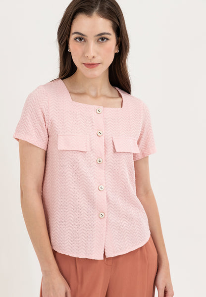 Krizia Square Neck Button Down with Double Pocket Detail Blouse Top