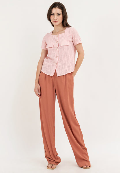 Krizia Square Neck Button Down with Double Pocket Detail Blouse Top