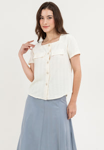 Krizia Square Neck Button Down with Double Pocket Detail Blouse Top