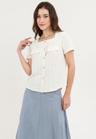 Krizia Square Neck Button Down with Double Pocket Detail Blouse Top