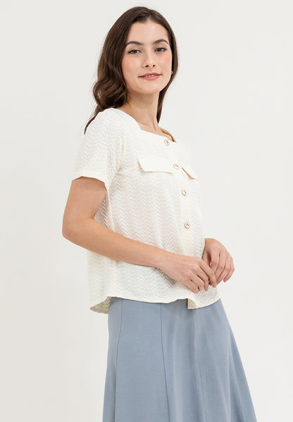 Krizia Square Neck Button Down with Double Pocket Detail Blouse Top