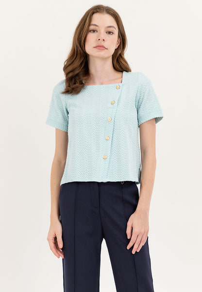 Krizia Waffle Cotton Squareneck Button Down Blouse Top