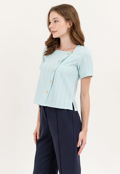 Krizia Waffle Cotton Squareneck Button Down Blouse Top