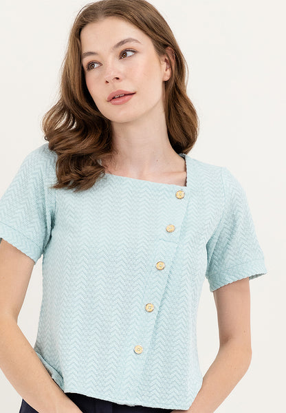 Krizia Waffle Cotton Squareneck Button Down Blouse Top