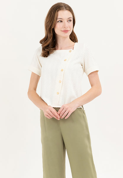 Krizia Waffle Cotton Squareneck Button Down Blouse Top