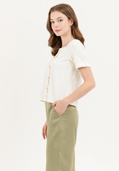 Krizia Waffle Cotton Squareneck Button Down Blouse Top