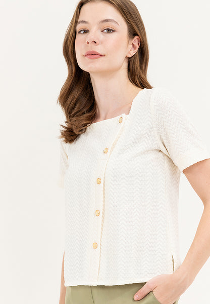 Krizia Waffle Cotton Squareneck Button Down Blouse Top