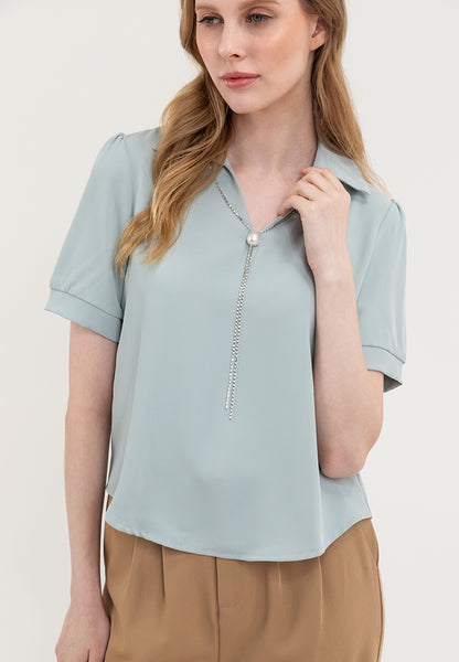 Krizia Collar Blouse With Free Detachable Crystal Necklace And Pearl Detail