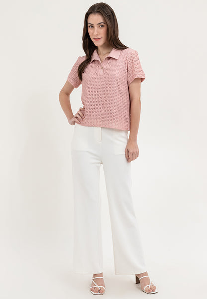 Krizia Buttoned Collared Textured Knitted Blouse