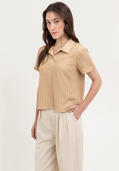 Krizia Buttoned Collared Textured Knitted Blouse