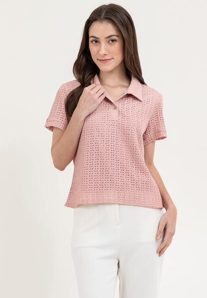 Krizia Buttoned Collared Textured Knitted Blouse