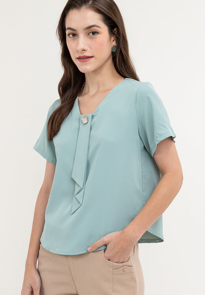 Krizia Frill tie with Pearl Beading V-neck Blouse Top